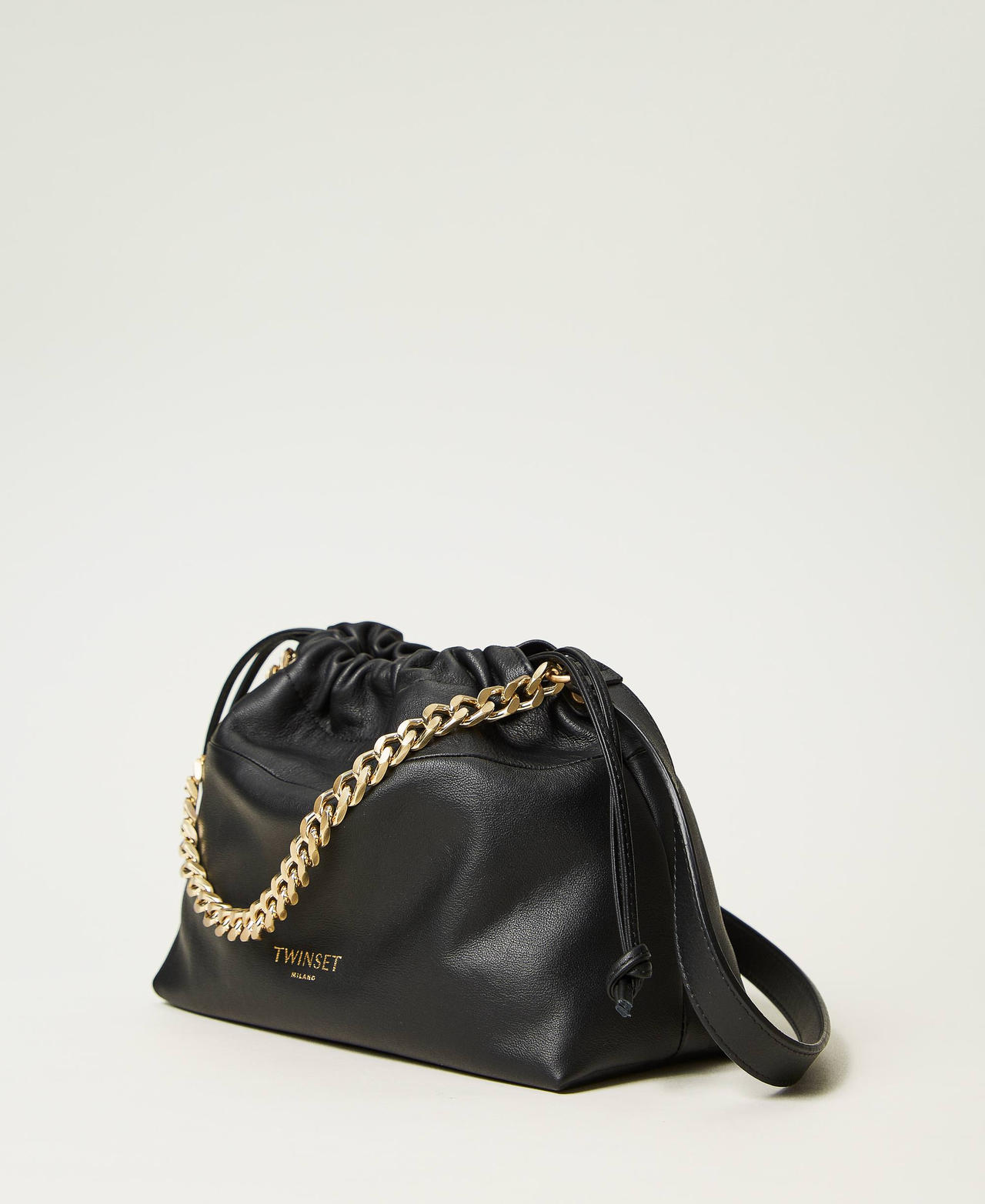 Leather shoulder bag with drawstring Black Woman 242TB7212-02