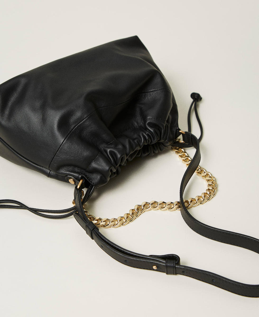 Leather shoulder bag with drawstring Woman, Black | TWINSET