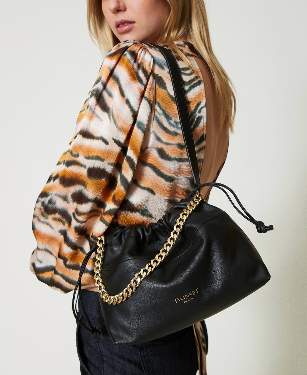 Leather shoulder bag with drawstring Black Woman 242TB7212_00006_S0