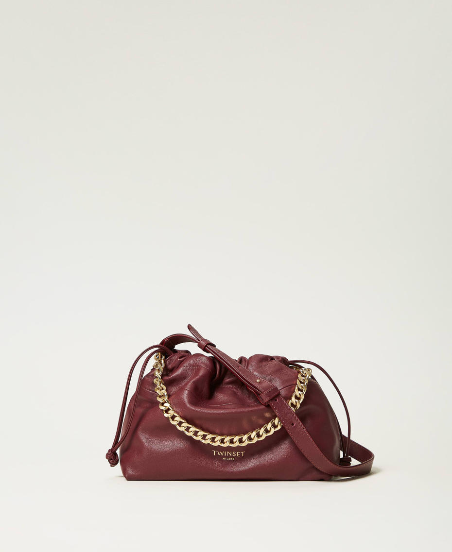 Leather shoulder bag with drawstring