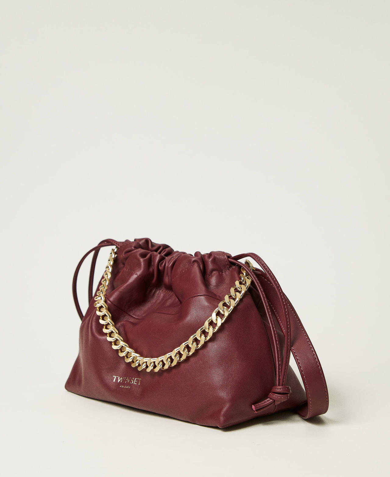 Leather shoulder bag with drawstring