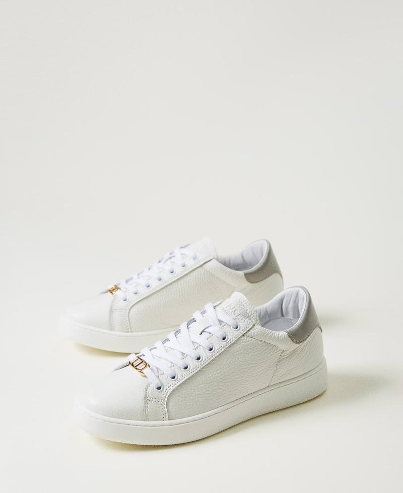 Leather trainers with Oval T Two-tone Optical White / Pearl Grey Woman 242TCP012_11787_02