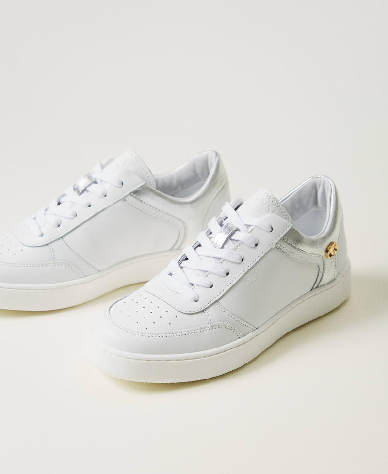 Leather trainers with laminated inserts Two-tone Optical White / Silver Woman 242TCP014_07200_02