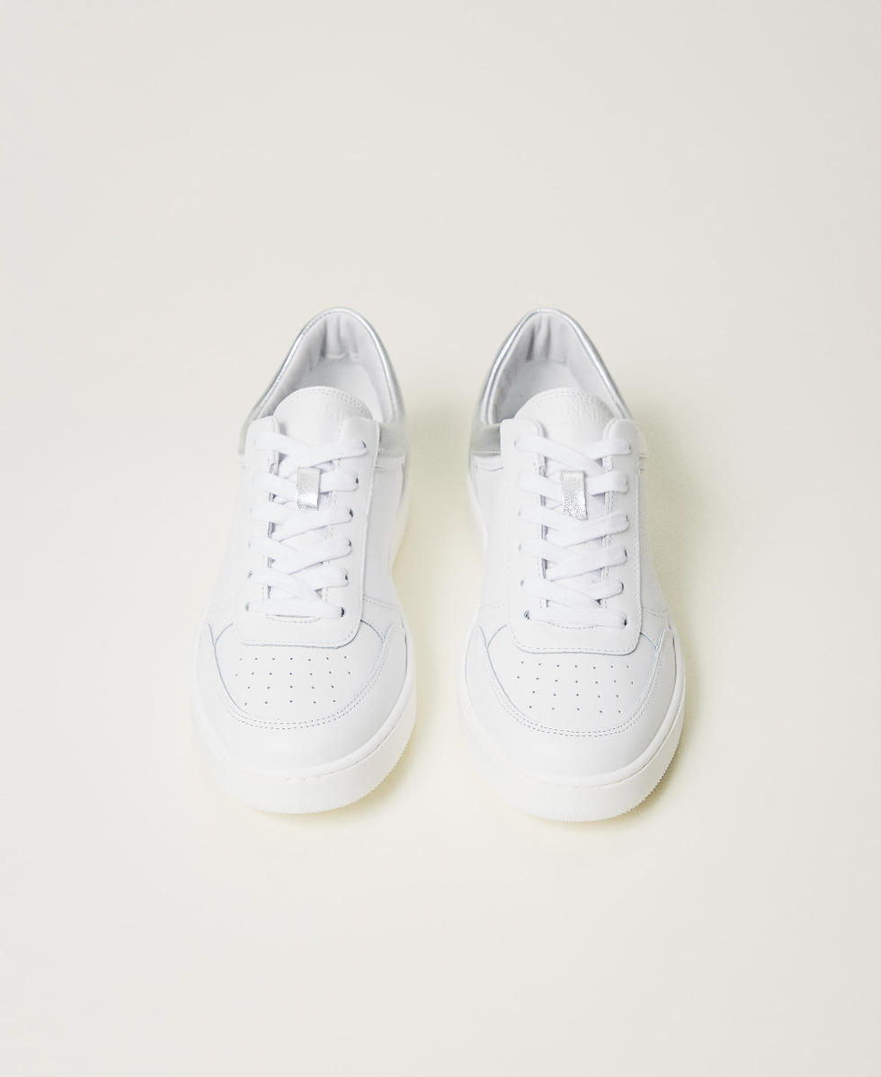 Baskets en cuir avec insertions lam&eacute;es Bicolore Blanc Optique/Argent Femme 242TCP014_07200_04