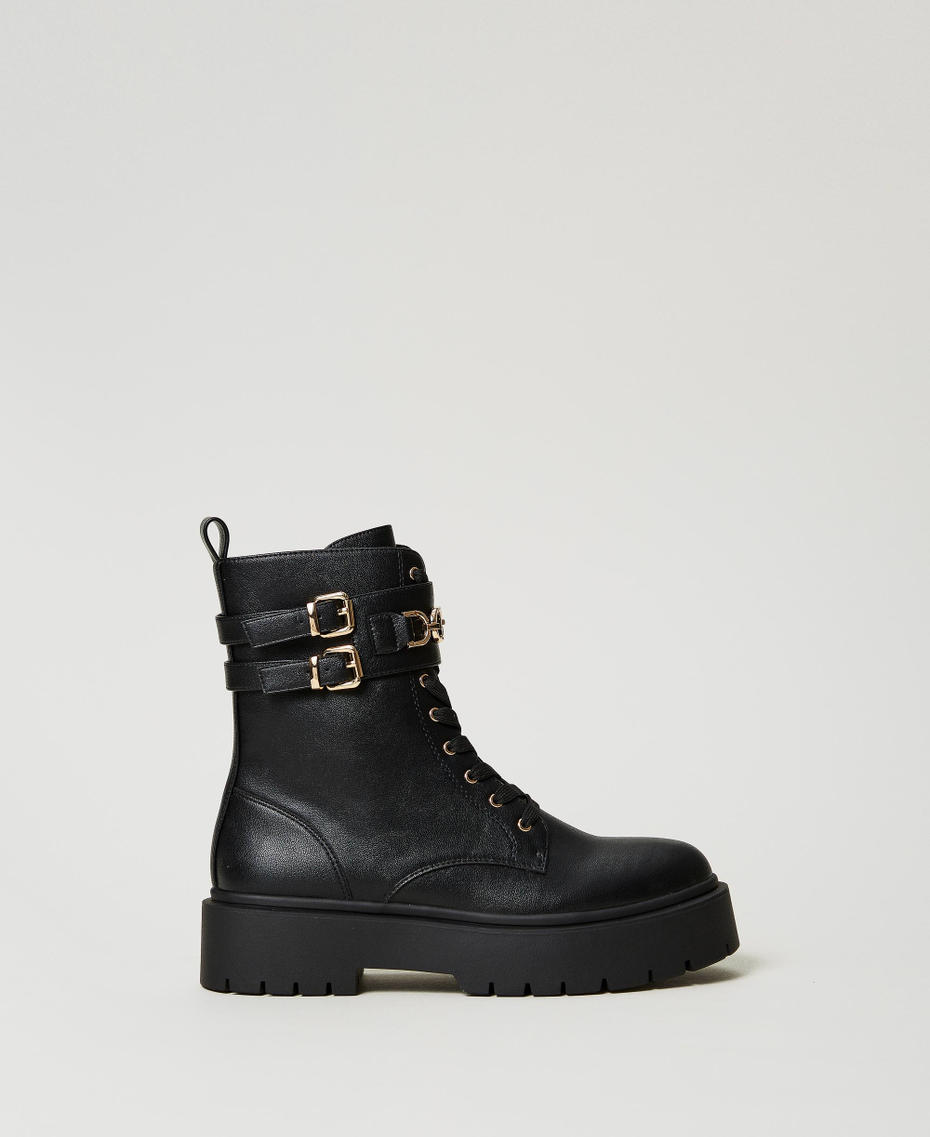 Combat boots with buckles and Oval T clasp Black Woman 242TCP062_00006_01