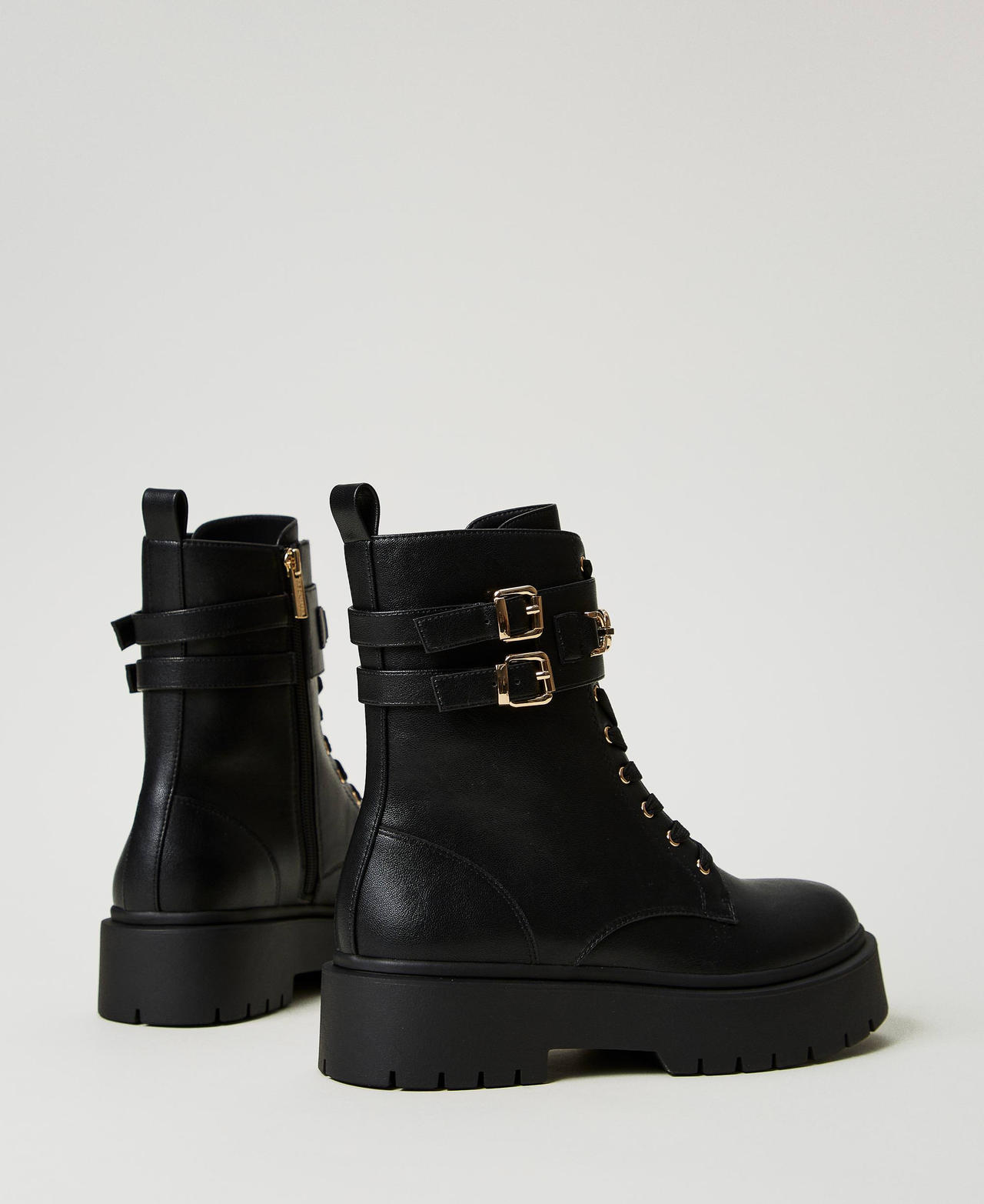 Combat boots with buckles and Oval T clasp Black Woman 242TCP062_00006_03
