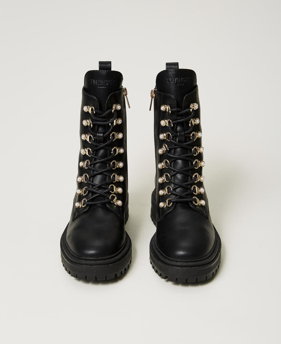 Black combat boots with pearls sale