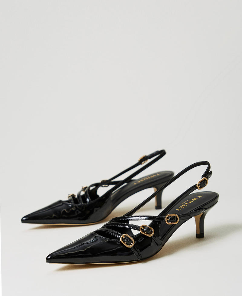 Faux patent leather sling back court shoes with straps Woman