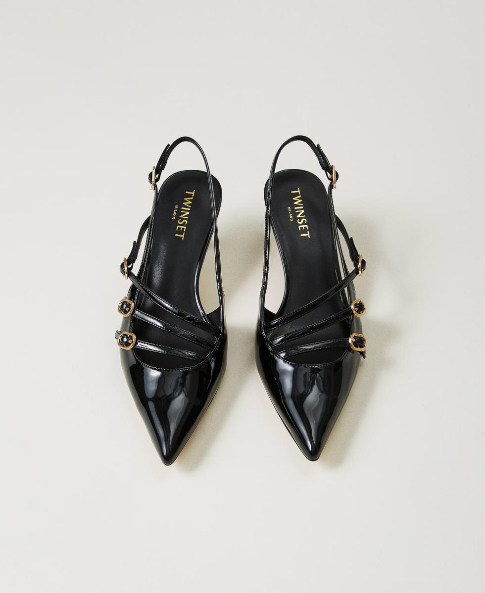 Faux patent leather sling back court shoes with straps Woman