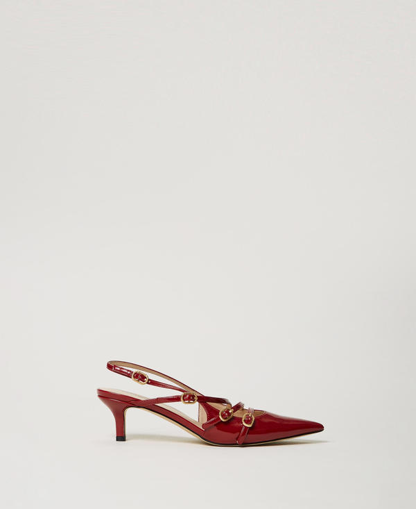 Faux patent leather sling back court shoes with straps