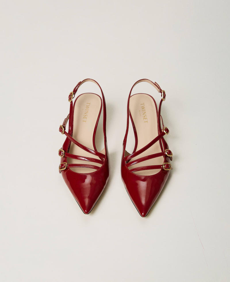 Faux patent leather sling back court shoes with straps