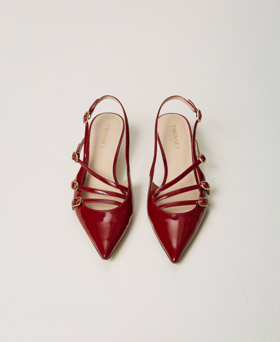 Faux patent leather sling back court shoes with straps