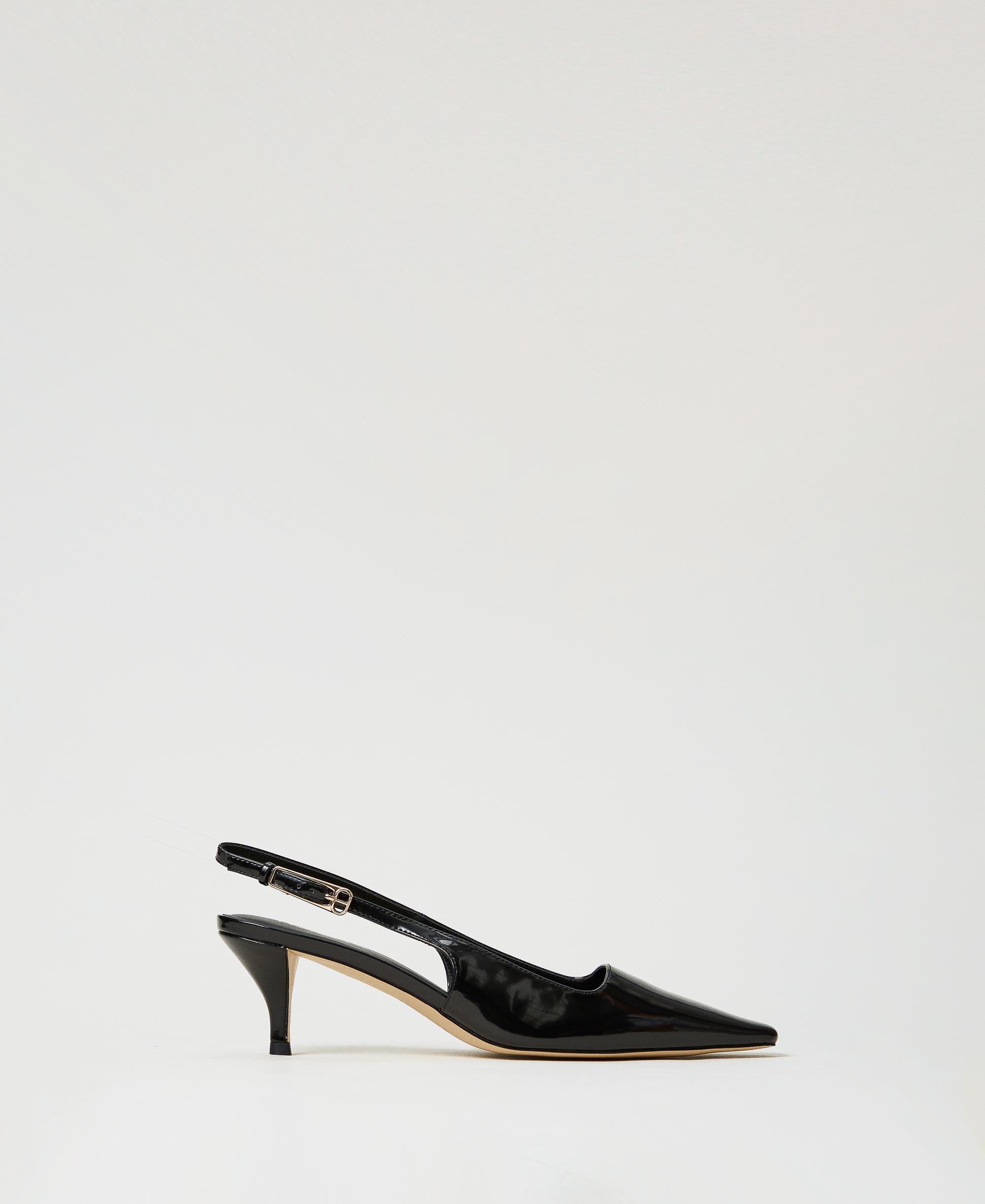 Patent leather sling back court shoes