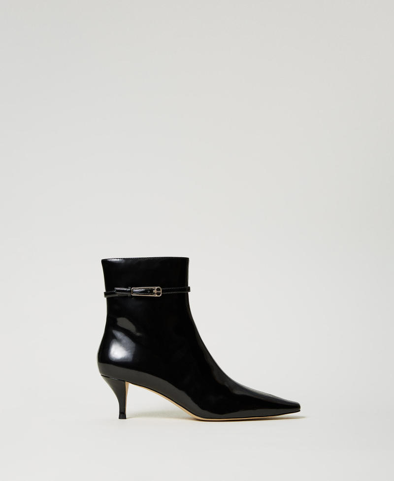 Faux patent leather ankle boots with strap