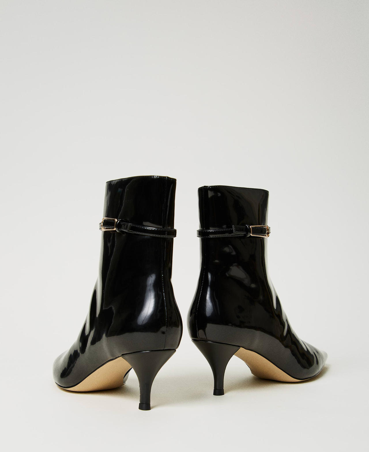 Faux patent leather ankle boots with strap