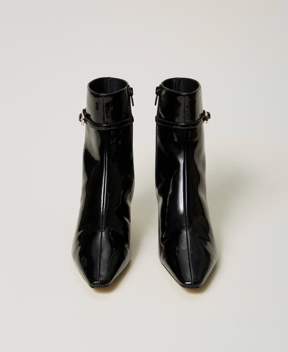 Faux patent leather ankle boots with strap