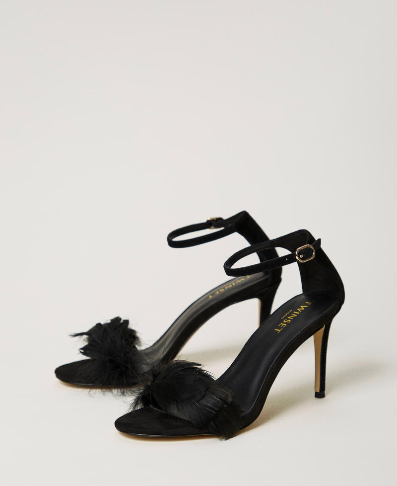 Leather sandals with feathers Black Woman 242TCP180-02