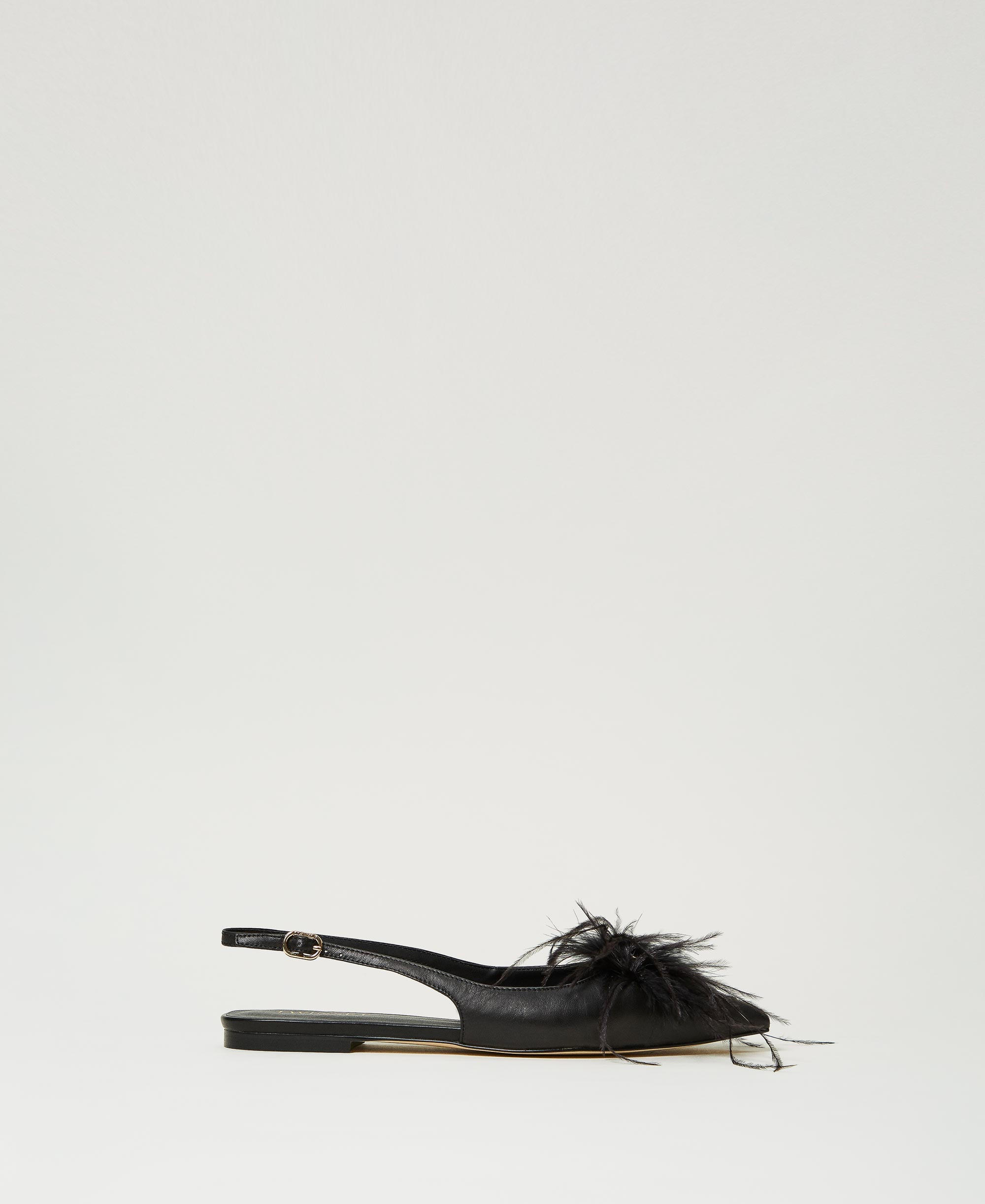 Leather sling back ballerina shoes with feathers