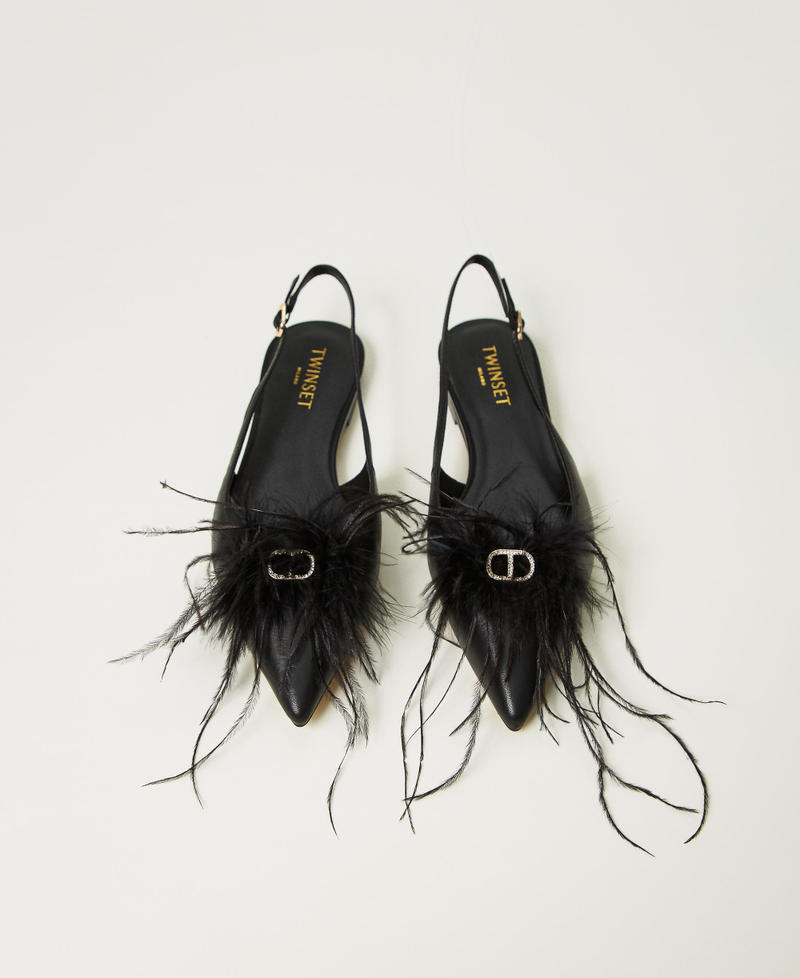 Leather sling back ballerina shoes with feathers