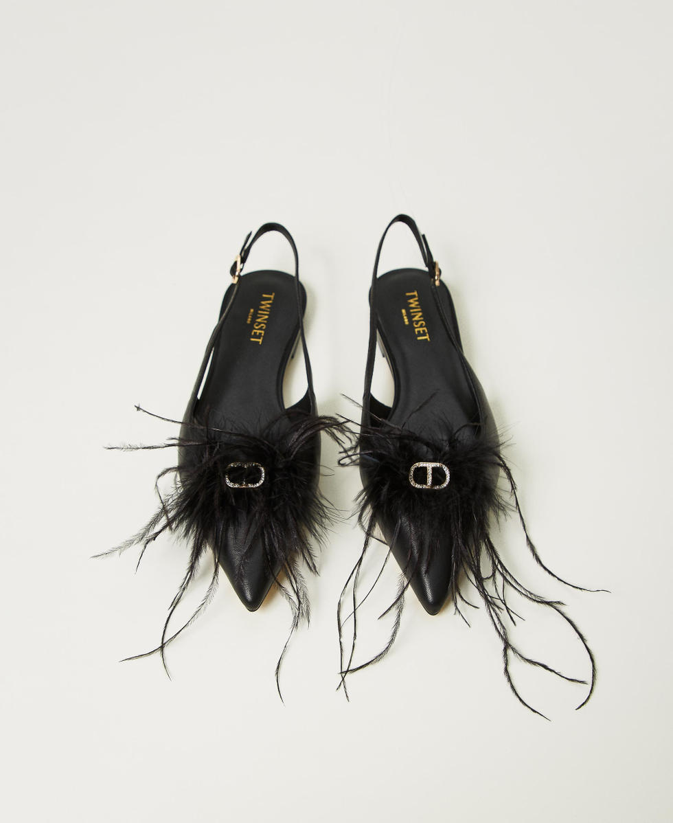 Leather sling back ballerina shoes with feathers Woman Black TWINSET Milano