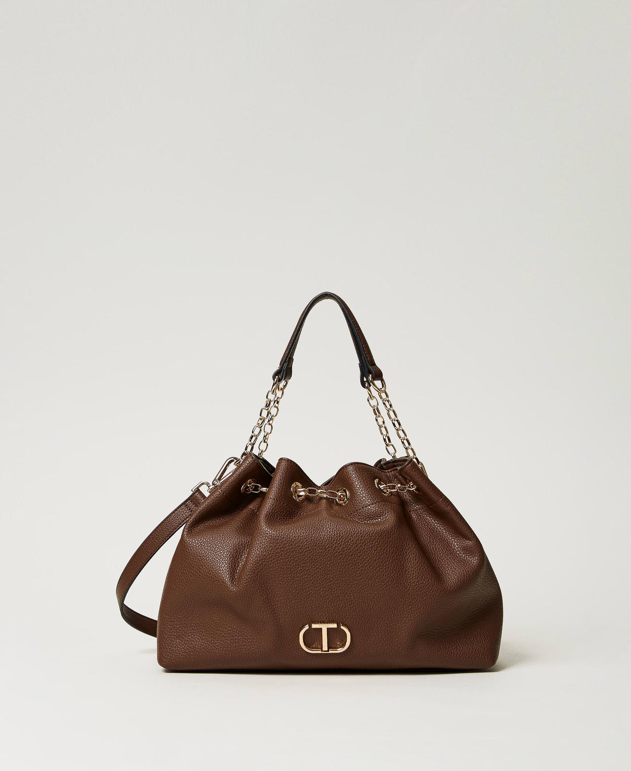 Shopper bag with Oval T and drawstring handles Woman, Brown