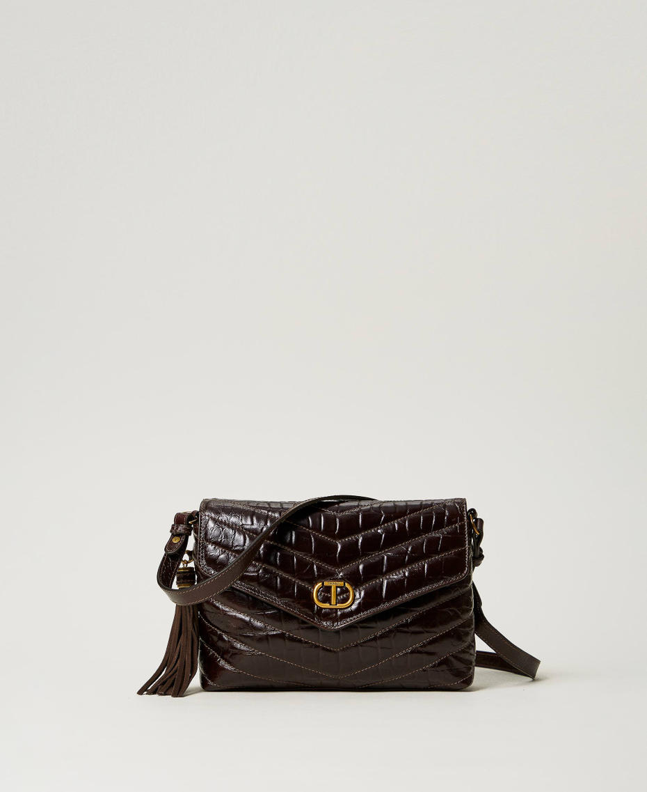 'Dreamy' medium crocodile print leather shoulder bag Dark Chocolate Brown Woman 242TD8390-01