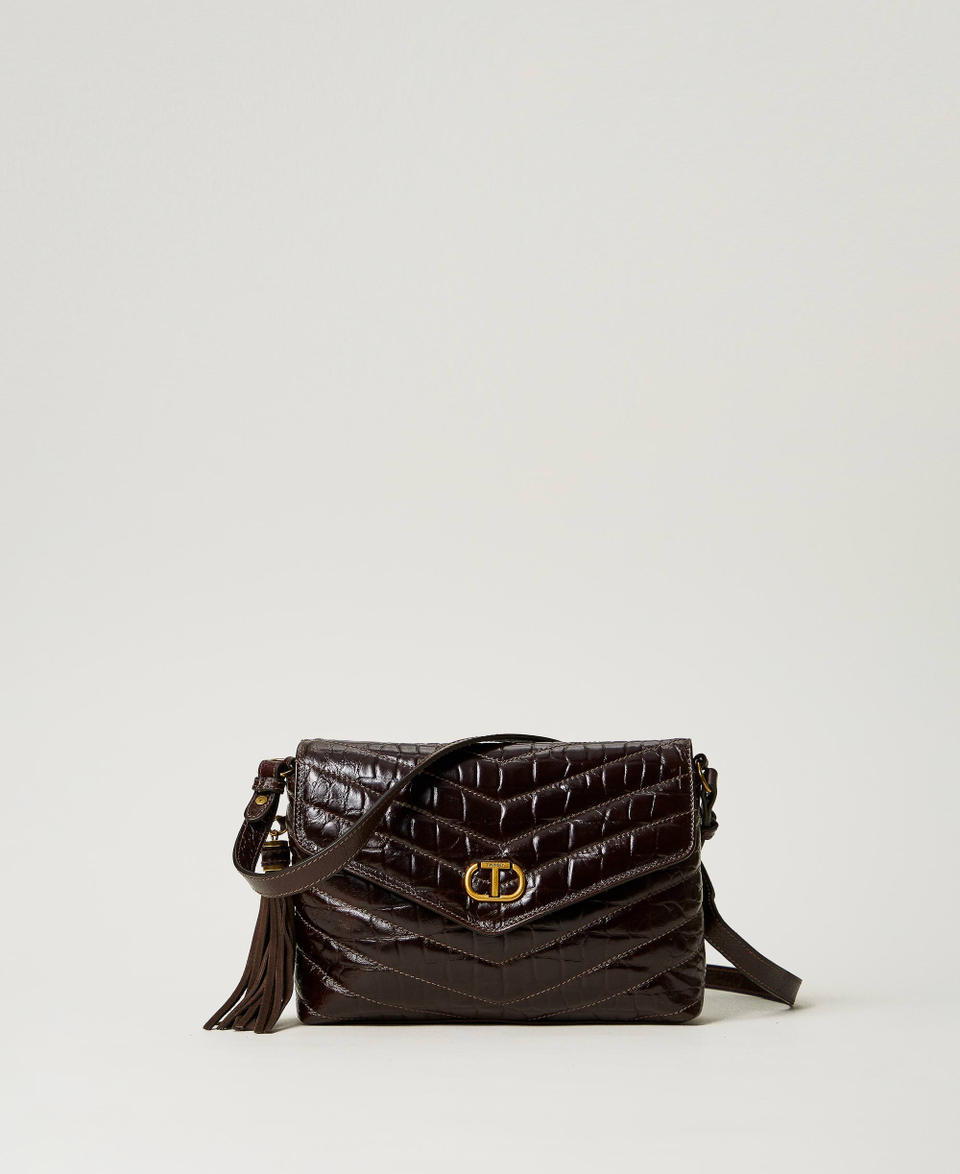 'Dreamy' medium crocodile print leather shoulder bag Dark Chocolate Brown Woman 242TD8390_00263_01