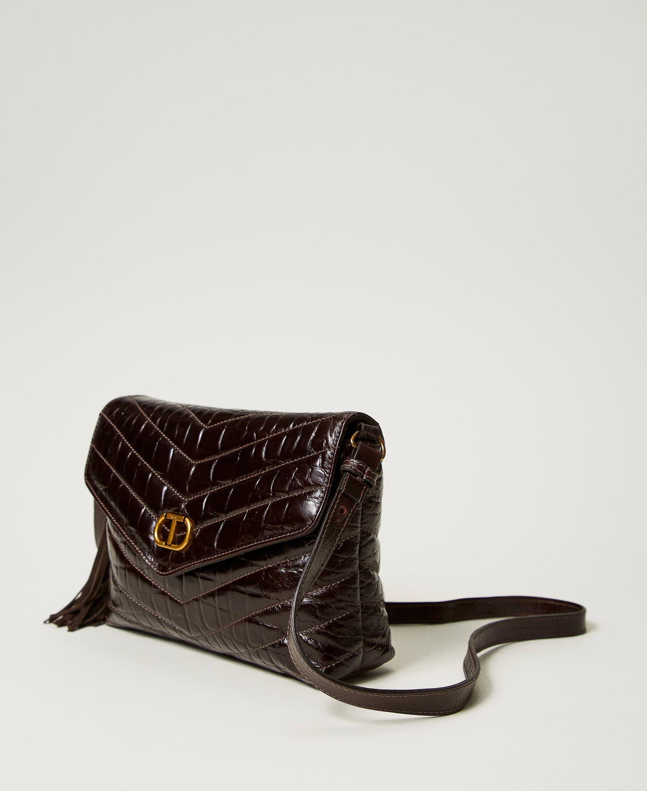 'Dreamy' medium crocodile print leather shoulder bag Dark Chocolate Brown Woman 242TD8390_00263_02