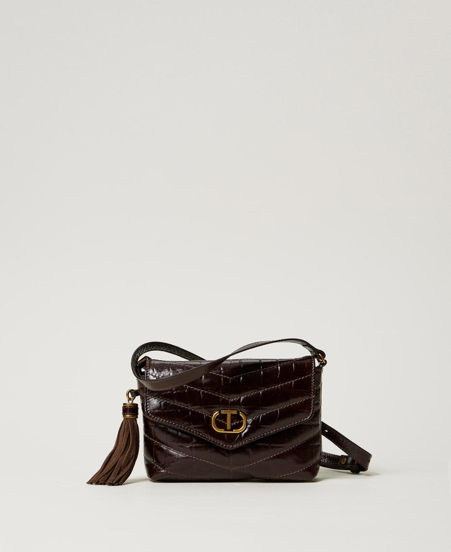 'Dreamy' small crocodile print leather shoulder bag Dark Chocolate Brown Woman 242TD8391_00263_01