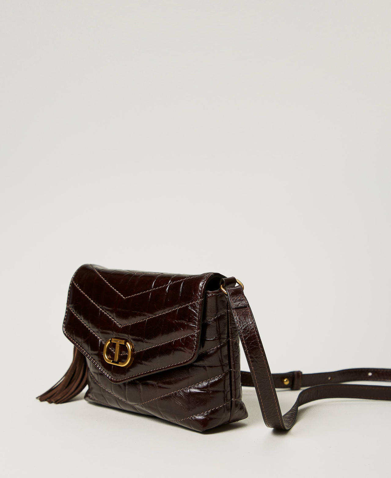 'Dreamy' small crocodile print leather shoulder bag Dark Chocolate Brown Woman 242TD8391-02