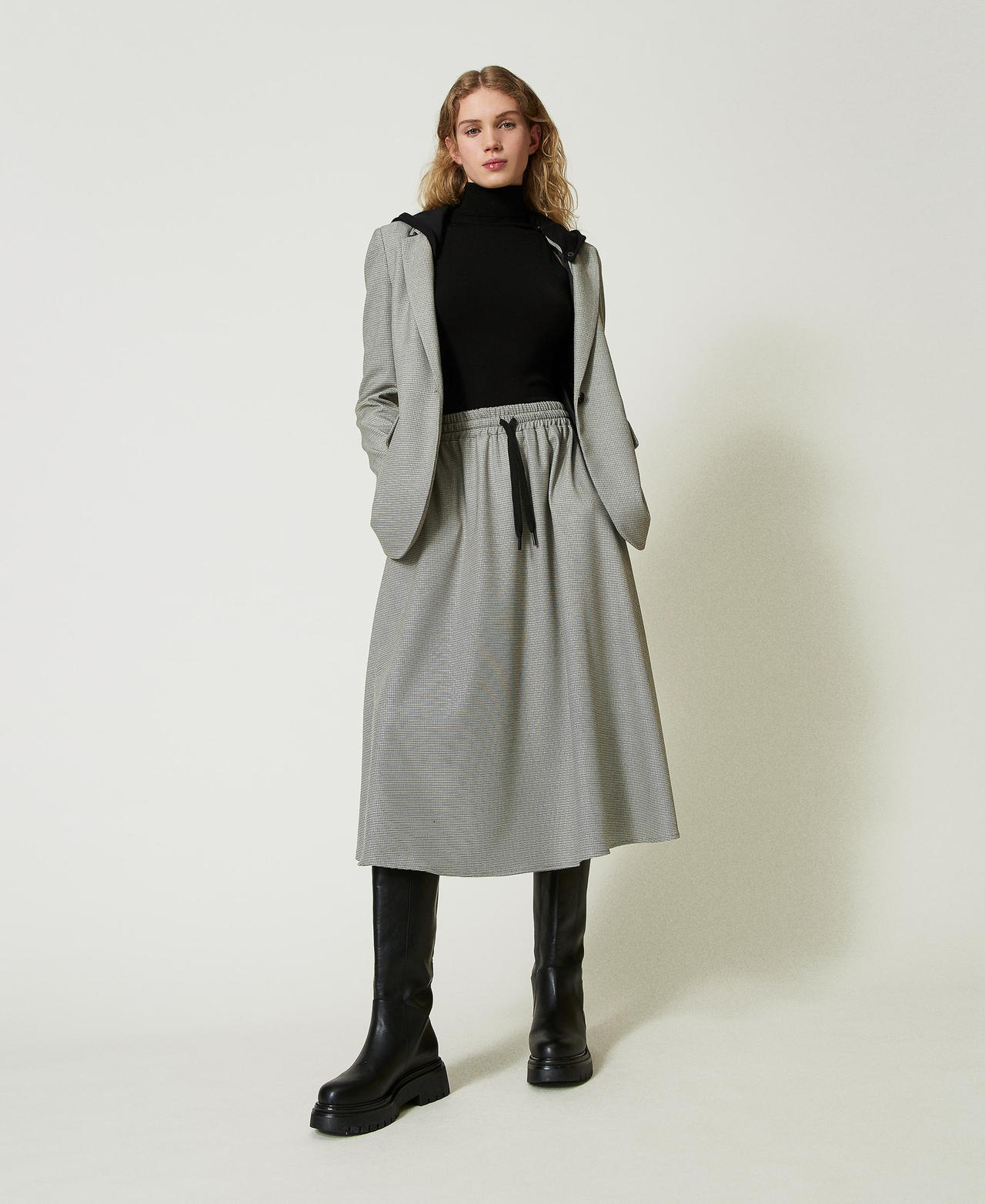 Gonna longuette in pied de poule Micro Pied De Poule Nero / Bianco Neve Donna 242TF2012_12010_01