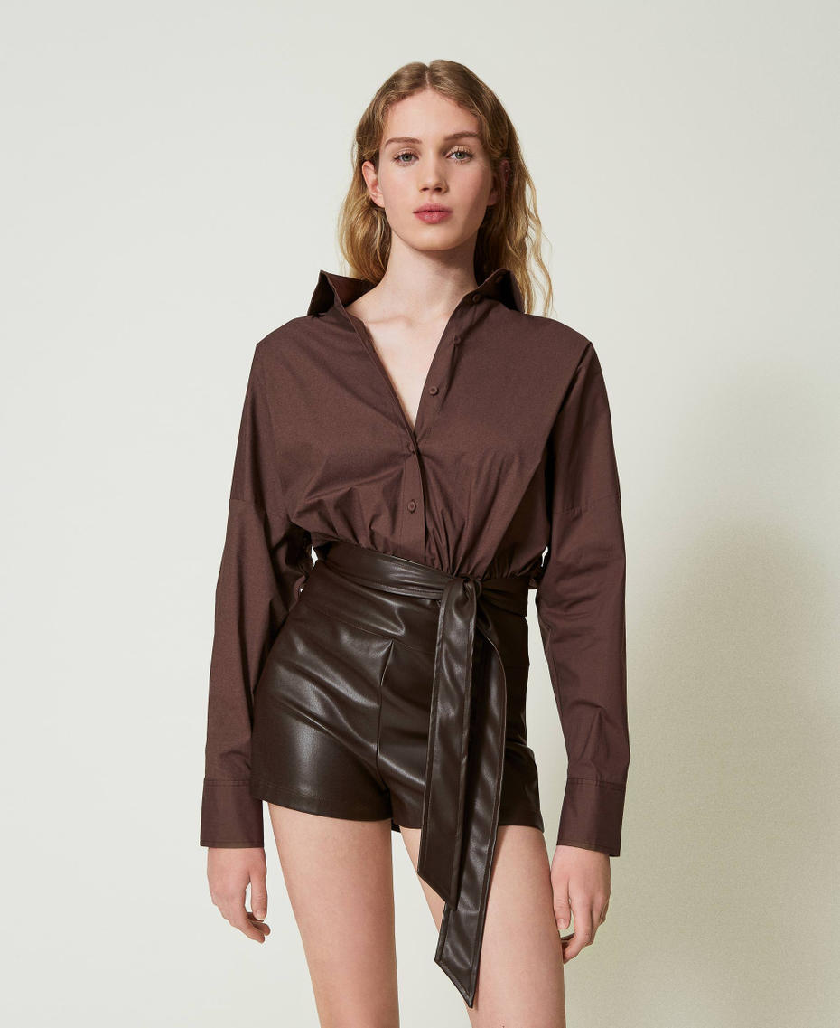 Short poplin and coated fabric jumpsuit Chocolate Woman 242TF2021_00085_01