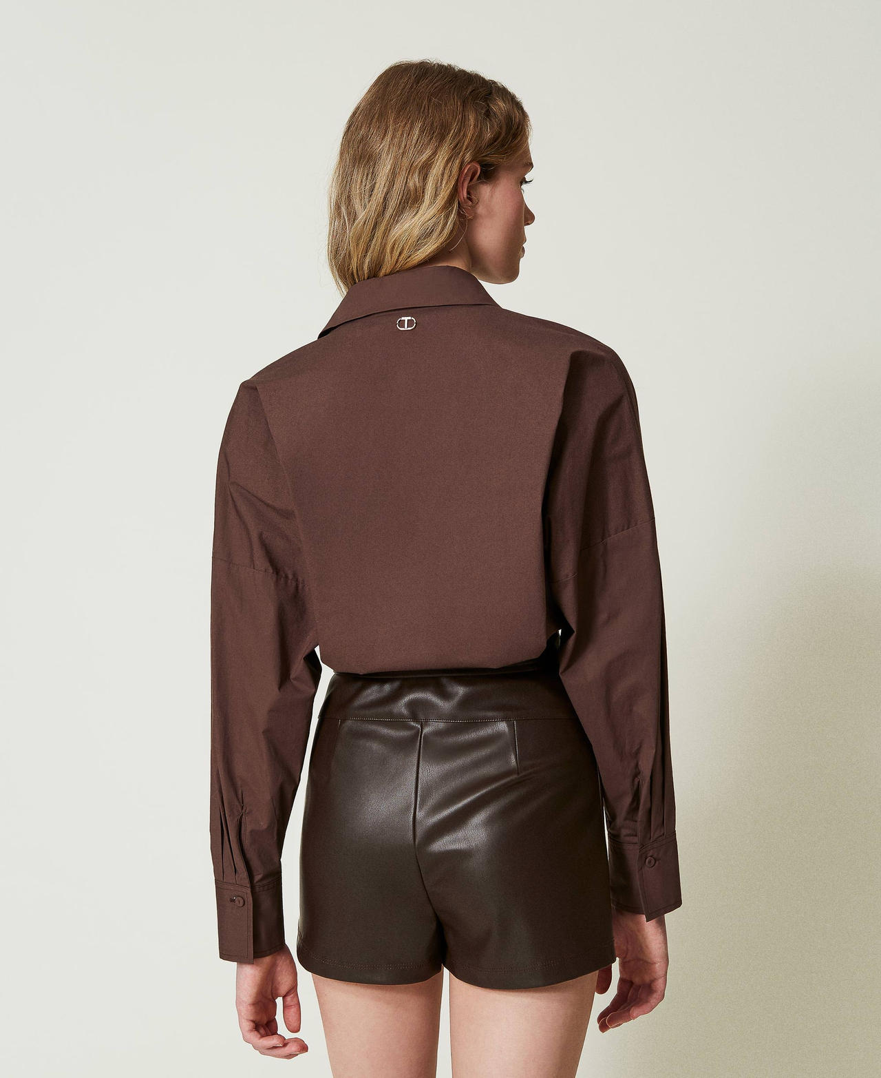 Short poplin and coated fabric jumpsuit