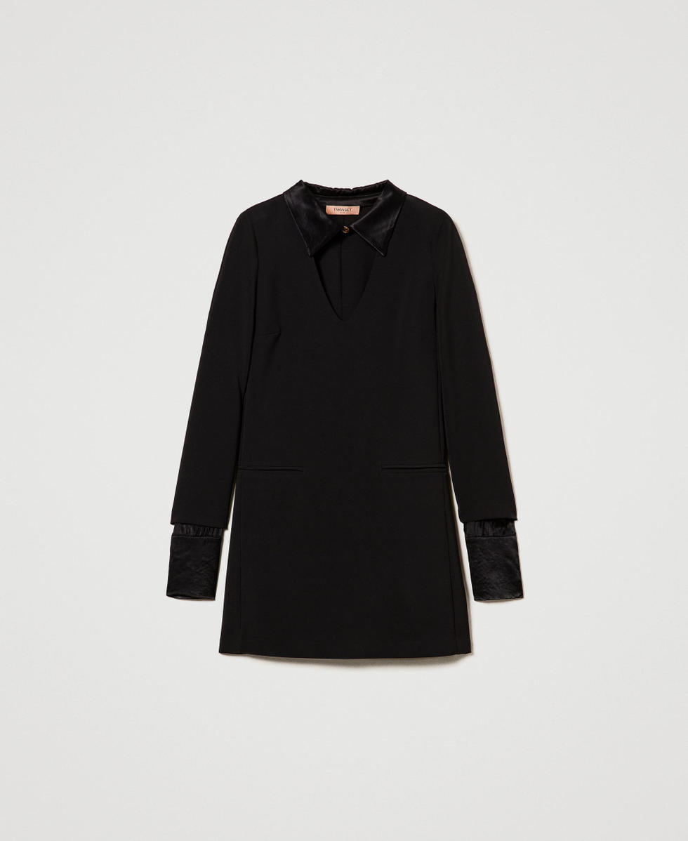 Robe courte en cr&ecirc;pe avec d&eacute;tails en satin Noir Femme 242TF2053_00006_S0