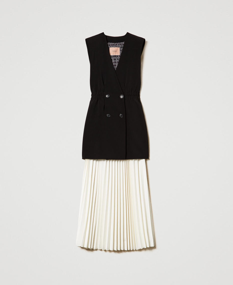 Crêpe gilet and long pleated skirt Bicolour Black / "Snow" White Woman 242TF2054_03710_S0