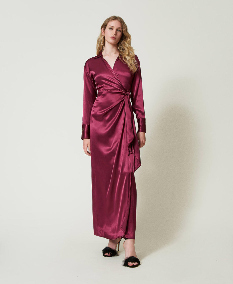 Long satin wrap-around dress Burgundy Woman 242TF2121_12022_01