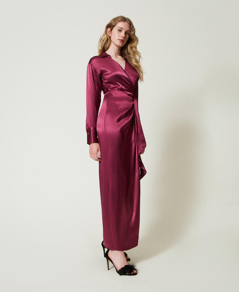 Long satin wrap-around dress Burgundy Woman 242TF2121_12022_02