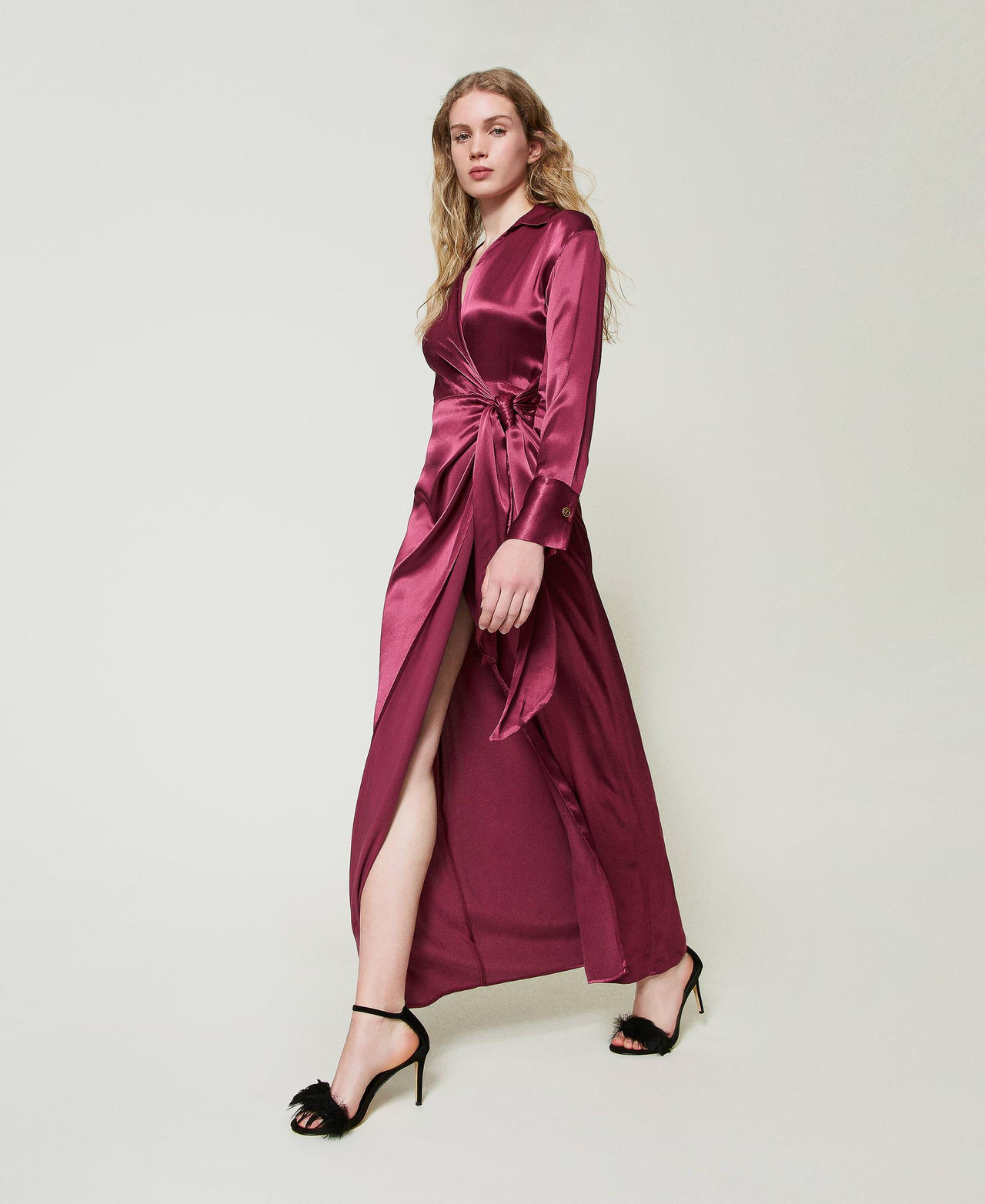 Long satin wrap-around dress Burgundy Woman 242TF2121_12022_03