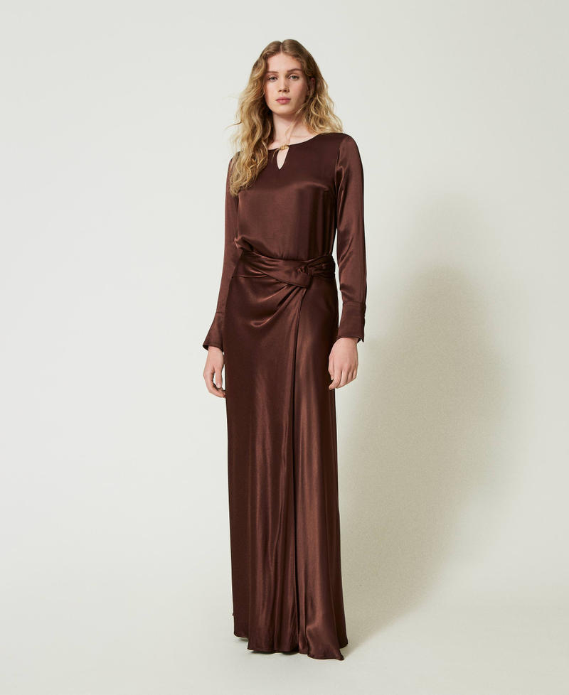 Long satin skirt with draping Chocolate Woman 242TF2122_00085_01