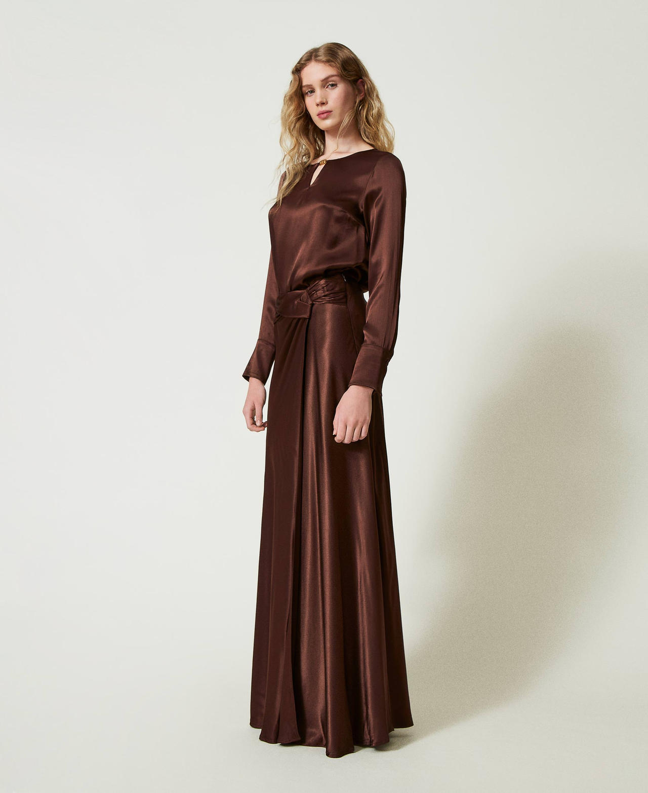 Long satin skirt with draping Chocolate Woman 242TF2122-02