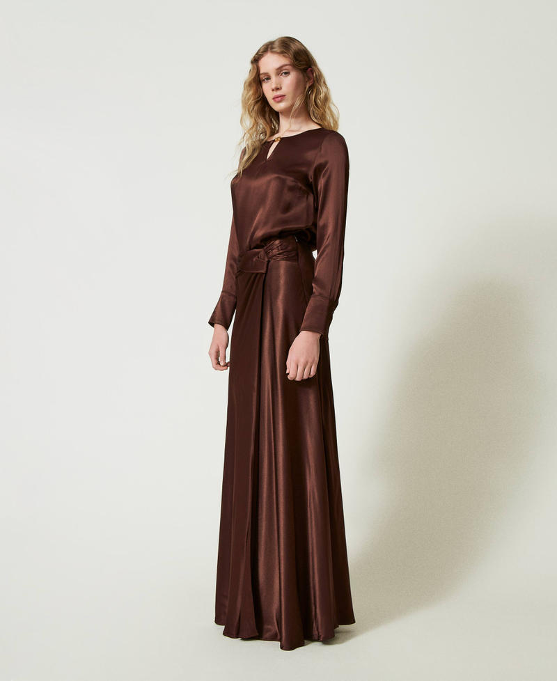 Long satin skirt with draping Chocolate Woman 242TF2122_00085_02