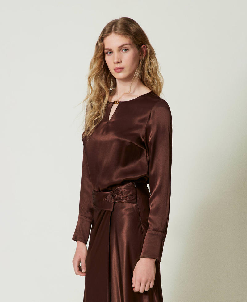 Satin blouse with Oval T Chocolate Woman 242TF2123_00085_01