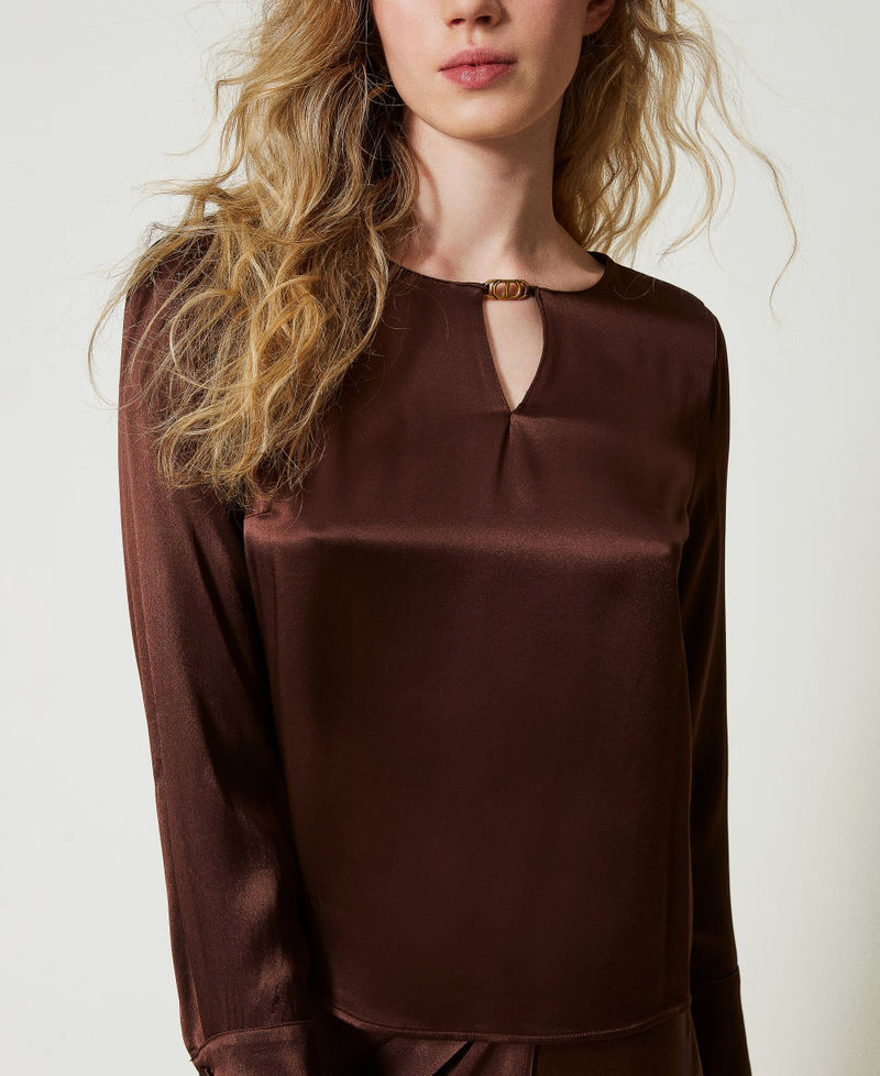 Satin blouse with Oval T Chocolate Woman 242TF2123_00085_04