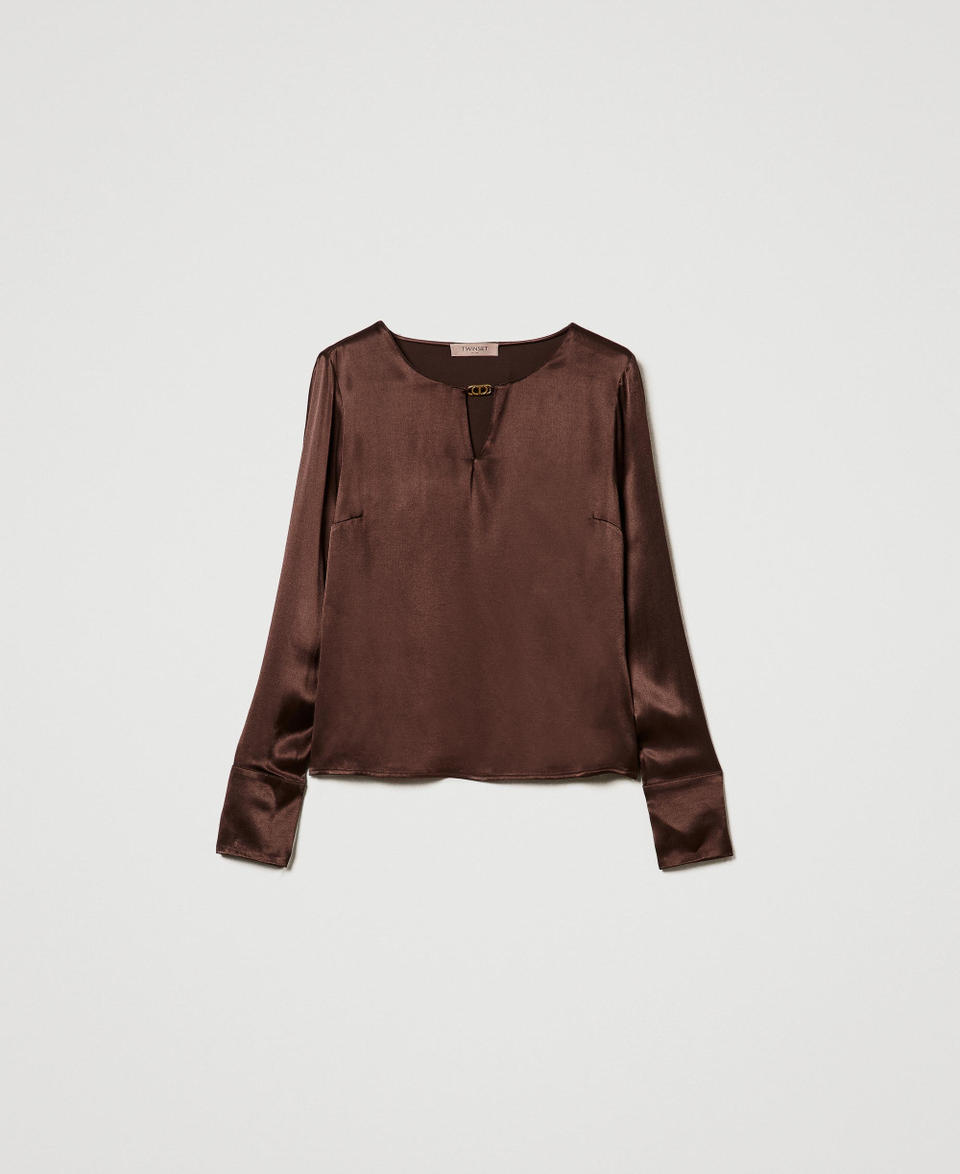 Satin blouse with Oval T Chocolate Woman 242TF2123_00085_S0
