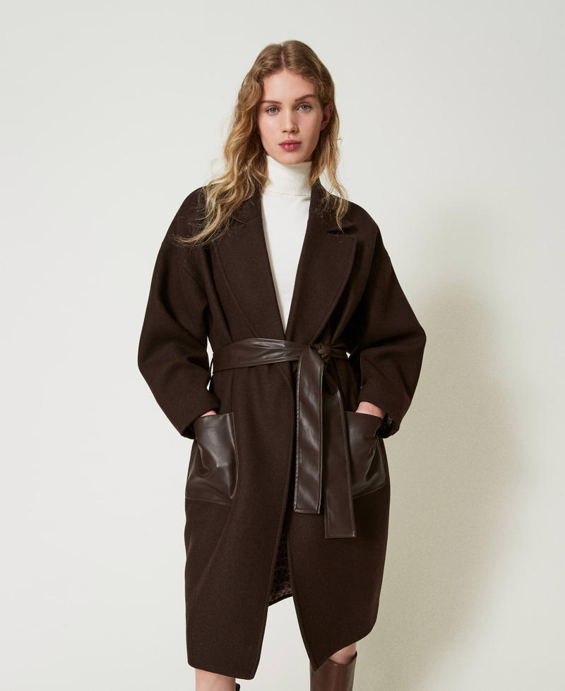 Wool blend coat with leather-like pockets Chocolate Woman 242TF2131_00085_01