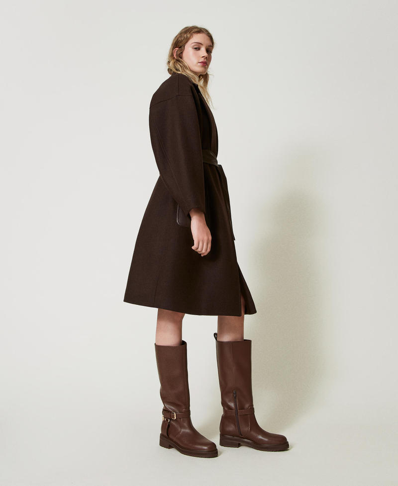 Wool blend coat with leather-like pockets Chocolate Woman 242TF2131_00085_02