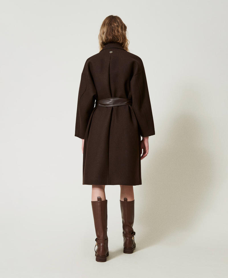 Wool blend coat with leather-like pockets Chocolate Woman 242TF2131_00085_03