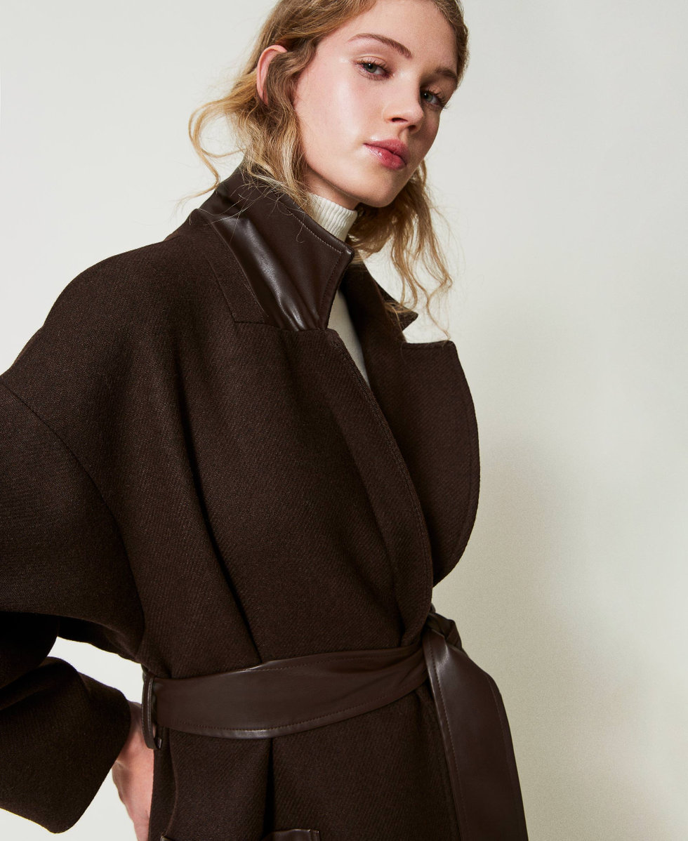 Manteau en laine melangee avec poches effet cuir Femme Marron TWINSET Milano