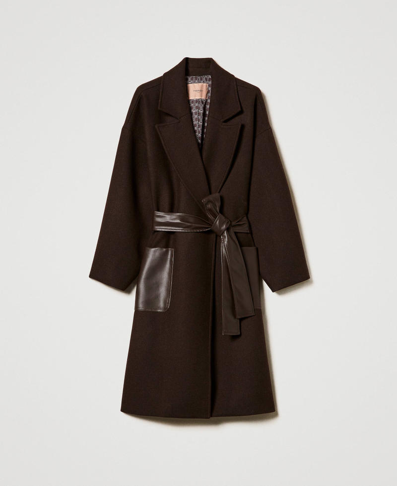 Wool blend coat with leather-like pockets Chocolate Woman 242TF2131_00085_S0