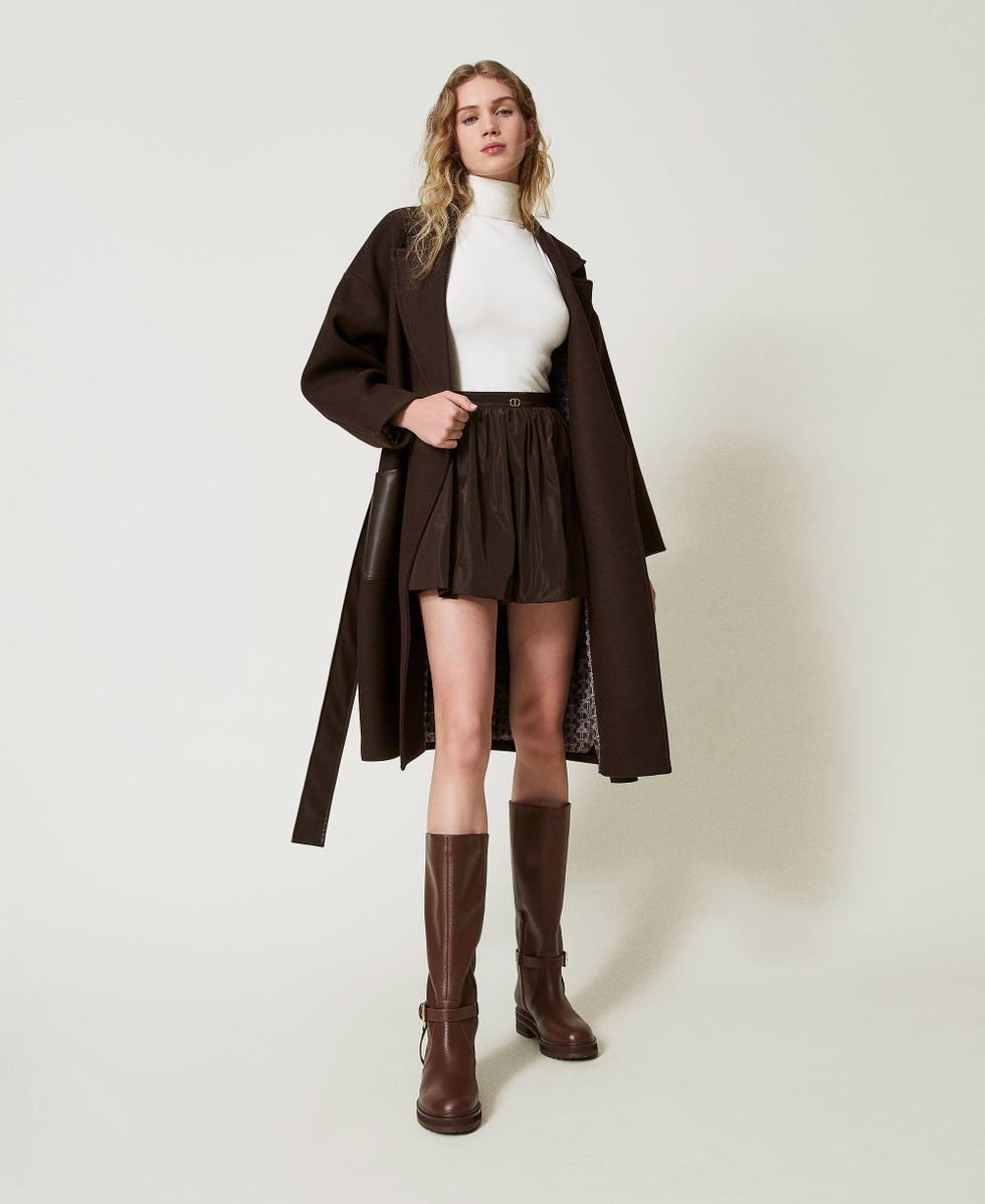 Wool blend coat with leather-like pockets Woman, Brown